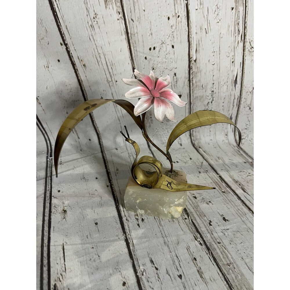 Vintage Signed Mario Jason Brutalist Enamel Flower Snail Metal Stone Sculpture